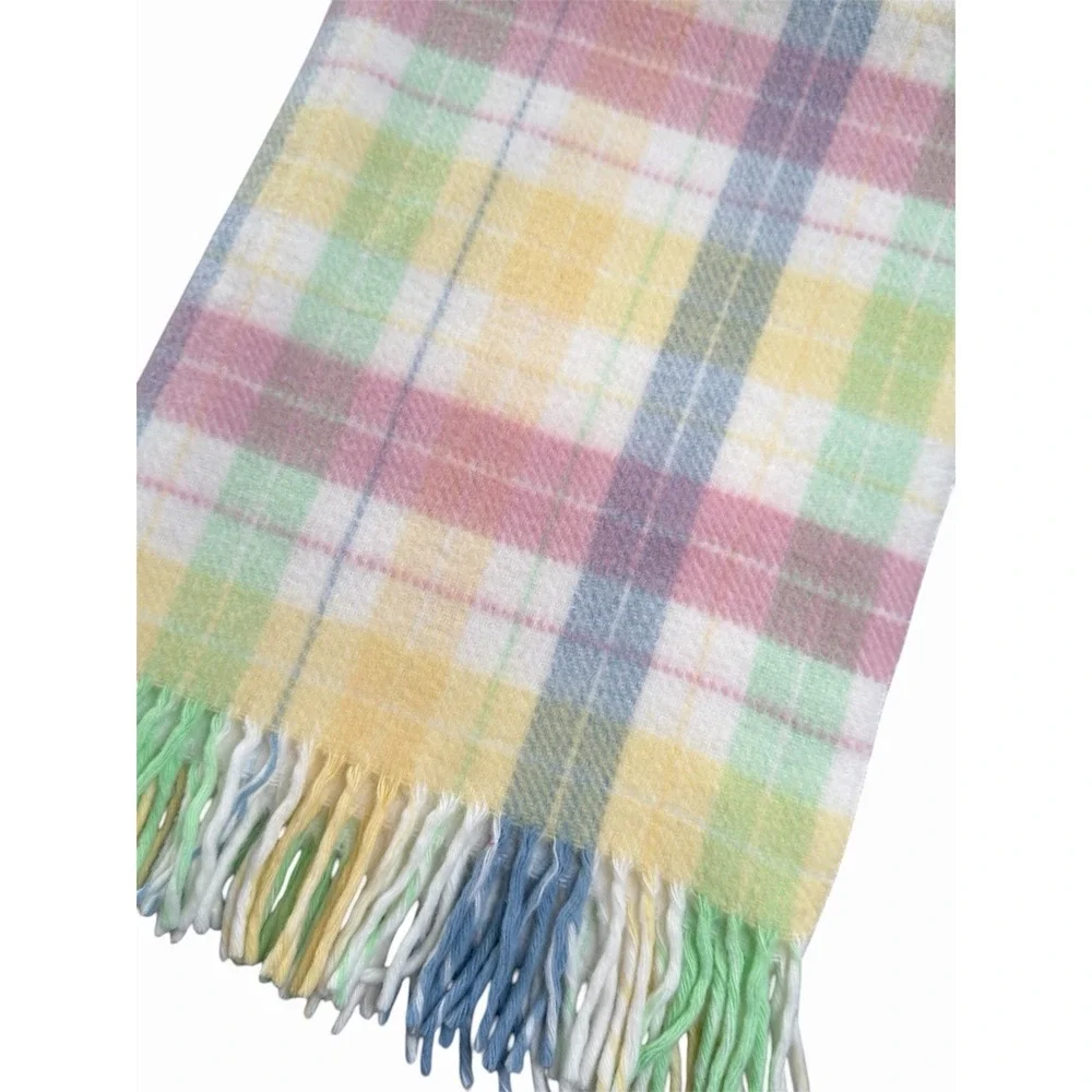Vintage Baby Blanket Acrylic  Pastel Plaid‎ Thick Fringe Pink Blue Yellow Green
